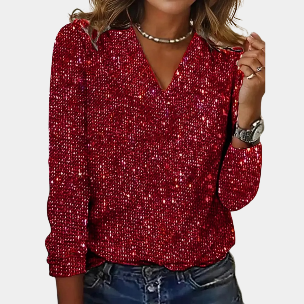 Women's Glitter Sequin Party Blouse – V-Neck Sparkly Evening Blouse