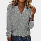 Women's Glitter Sequin Party Blouse – V-Neck Sparkly Evening Blouse