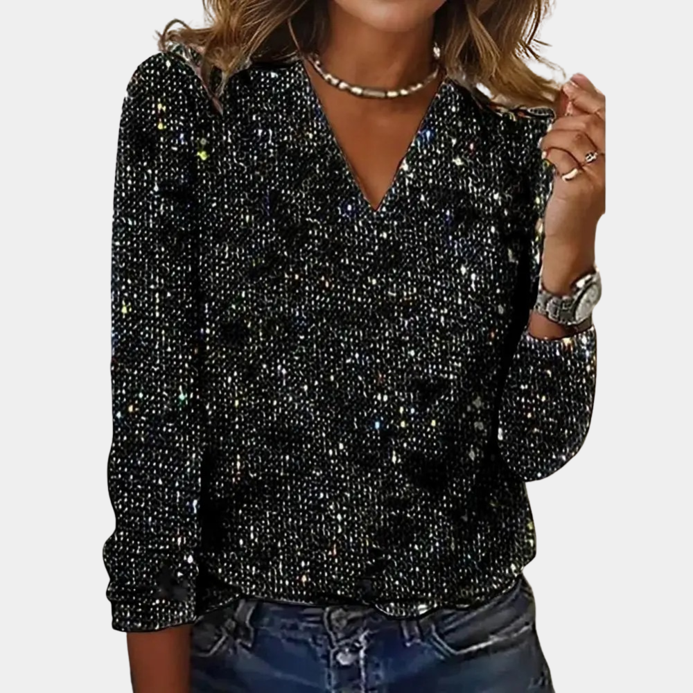 Women's Glitter Sequin Party Blouse – V-Neck Sparkly Evening Blouse
