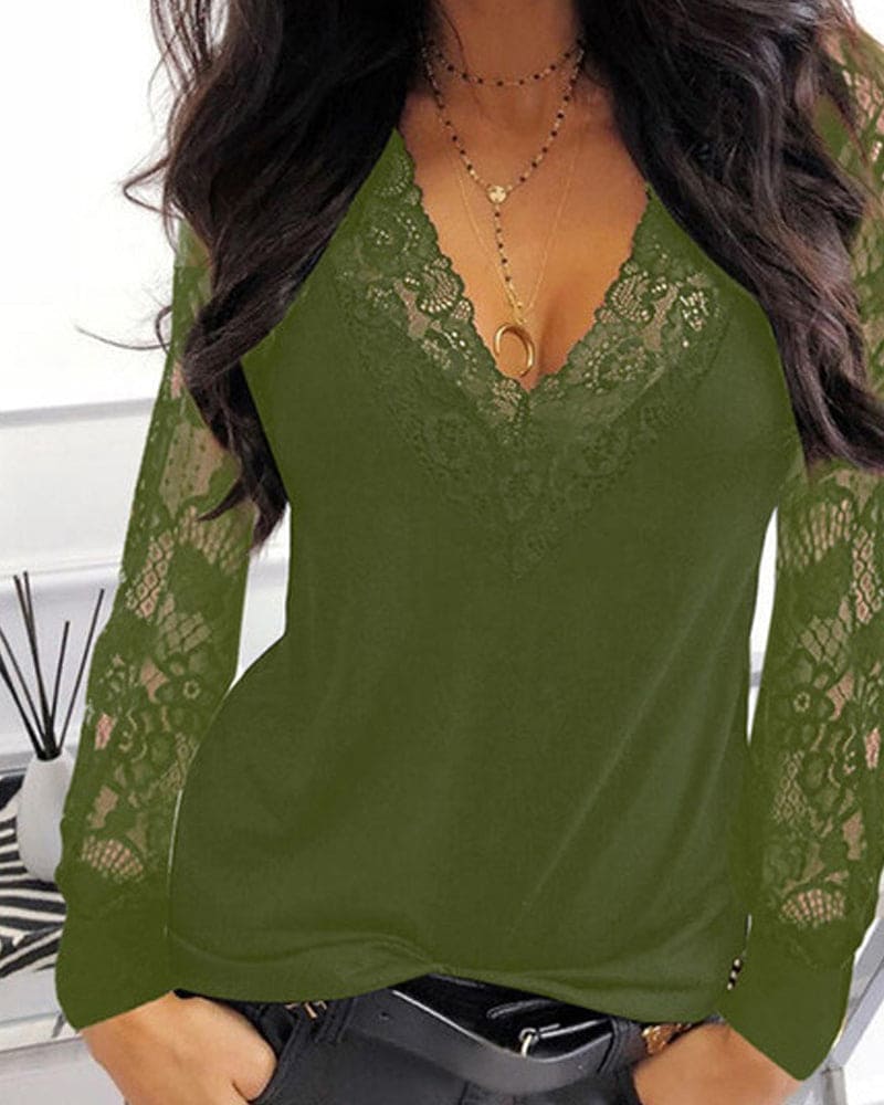 Women's Lace Sleeve Blouse – V-Neck Romantic Lace Detail Blouse