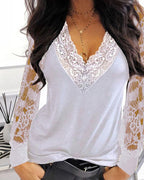 Women's Lace Sleeve Blouse – V-Neck Romantic Lace Detail Blouse