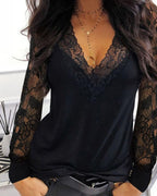 Women's Lace Sleeve Blouse – V-Neck Romantic Lace Detail Blouse