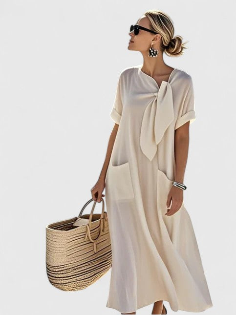Women's Tie Neck Maxi Dress – Flowy Long Dress with Pockets