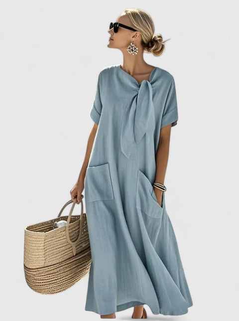 Women's Tie Neck Maxi Dress – Flowy Long Dress with Pockets
