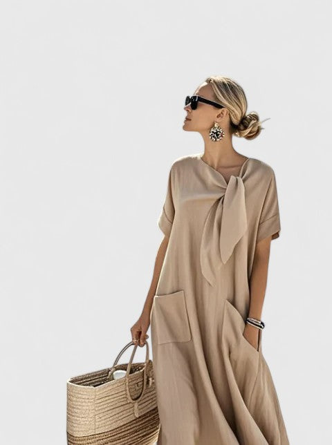 Women's Tie Neck Maxi Dress – Flowy Long Dress with Pockets