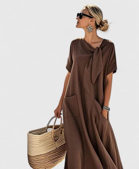 Women's Tie Neck Maxi Dress – Flowy Long Dress with Pockets