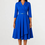 Women's Three Quarter Sleeve A-Line Dress – V-Neck Belted Casual Dress