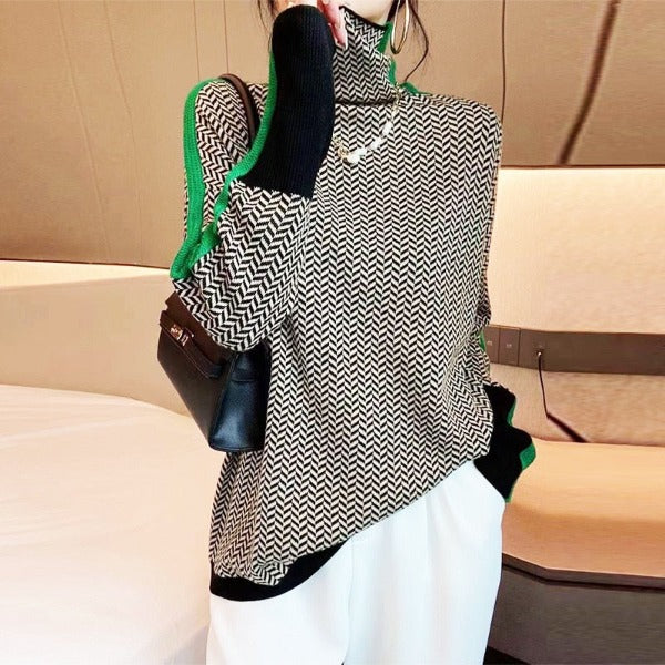 Women's Stripe Pattern Sweater – Relaxed Crew Neck Knit Pullover