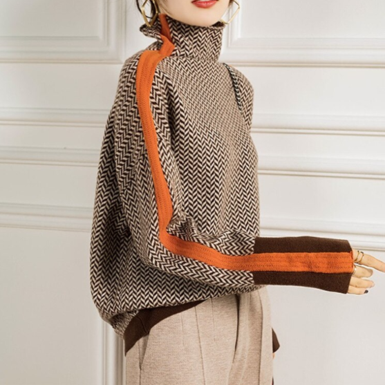 Women's Stripe Pattern Sweater – Relaxed Crew Neck Knit Pullover