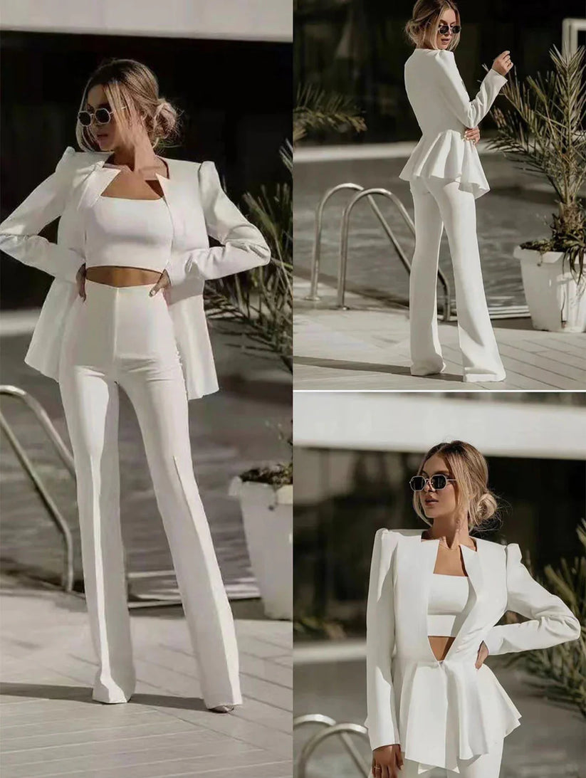 Women's Three Piece Tailored Blazer Set – Crop Top and Matching Pants Set