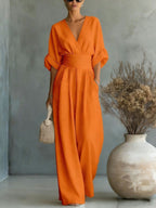 Women's V-Neck Wide Leg Jumpsuit – High Waist Pocket Formal Jumpsuit