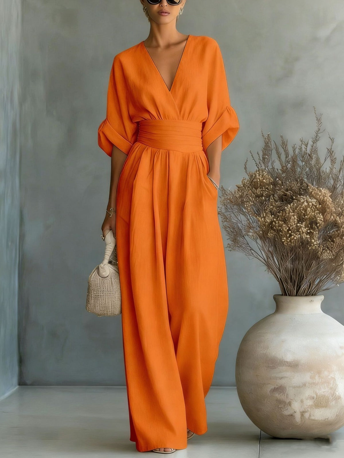 Women's V-Neck Wide Leg Jumpsuit – High Waist Pocket Formal Jumpsuit