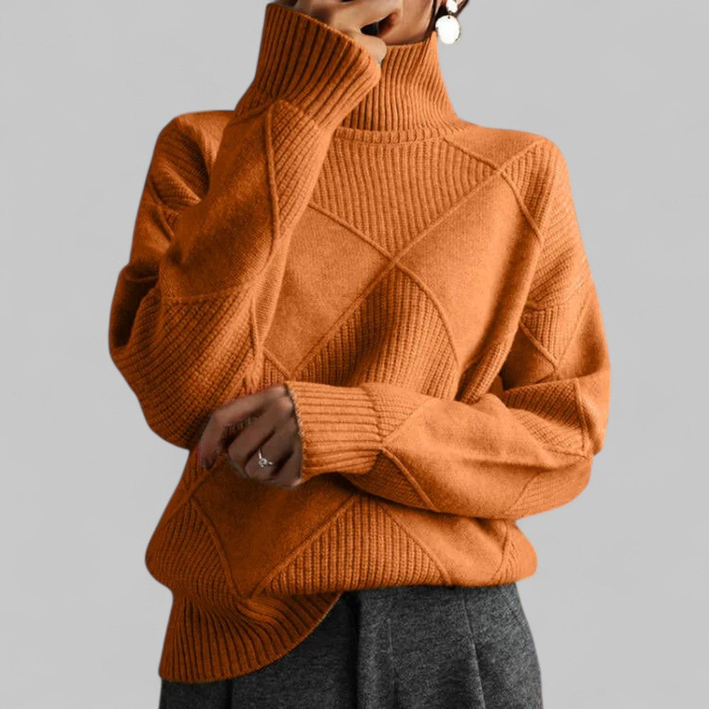 Women's Geometric Roll Neck Sweater – Relaxed Winter Knit Sweater