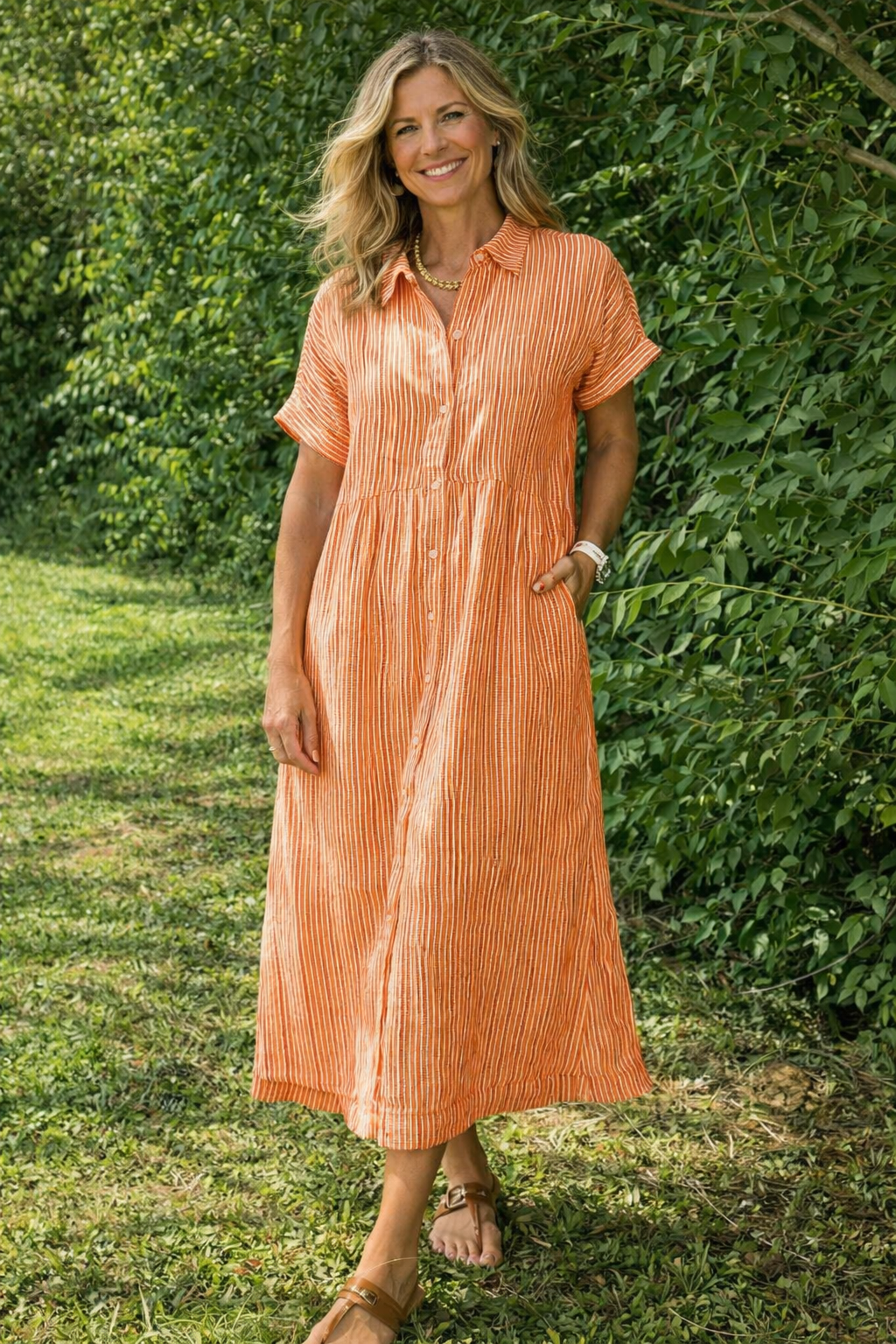 Women's Relaxed Midi Shirt Dress – Button Front Long Sleeve Dress