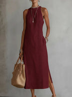 Women's Sleeveless Pocket Midi Dress – High Neck Flowy Summer Dress