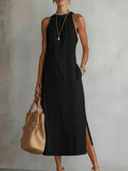 Women's Sleeveless Pocket Midi Dress – High Neck Flowy Summer Dress