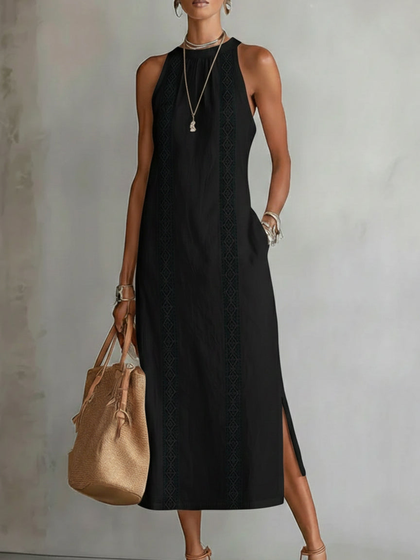 Women's Sleeveless High Neck Midi Dress – Flowy Pocket Occasion Dress