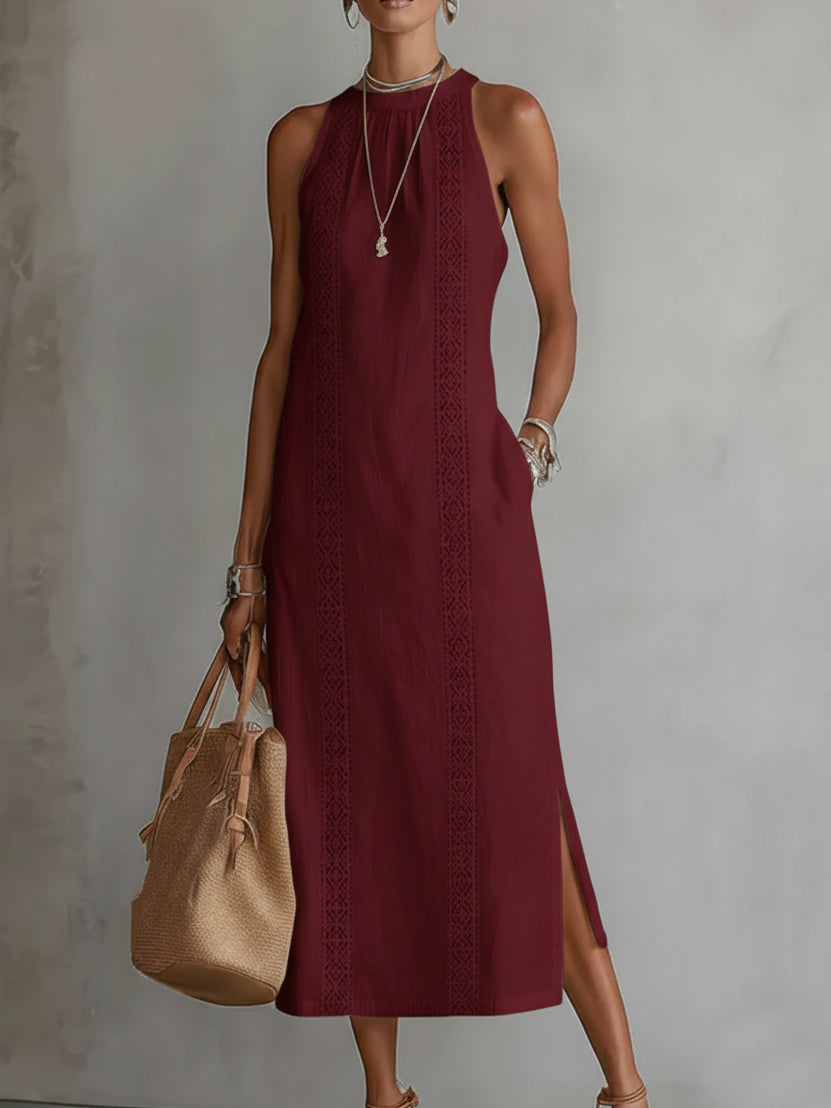Women's Sleeveless High Neck Midi Dress – Flowy Pocket Occasion Dress