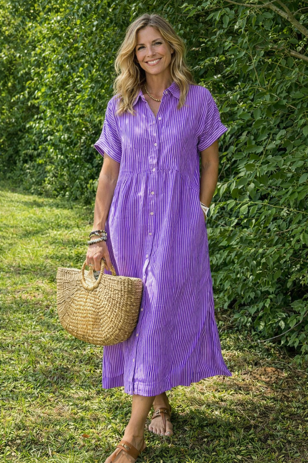 Women's Relaxed Midi Shirt Dress – Button Front Long Sleeve Dress