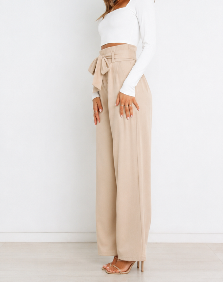 Women's Bow Tie Paperbag Waist Pants – High Rise Wide Leg Trousers