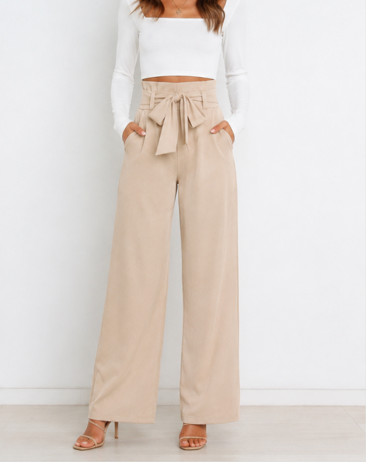 Women's Bow Tie Paperbag Waist Pants – High Rise Wide Leg Trousers