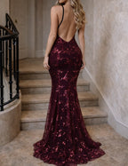 Women's V-Neck Sequin Evening Dress – Open Back Spaghetti Strap Formal Dress