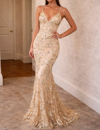 Women's V-Neck Sequin Evening Dress – Open Back Spaghetti Strap Formal Dress