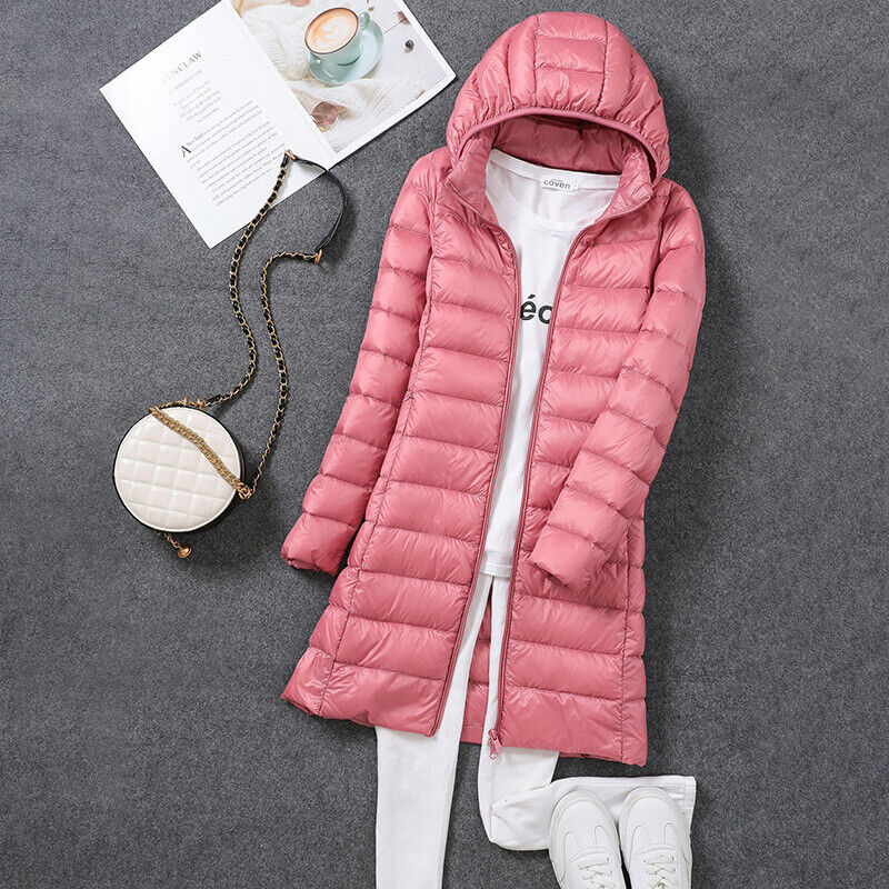Women's Lightweight Puffer Coat – Longline Removable Hood Jacket