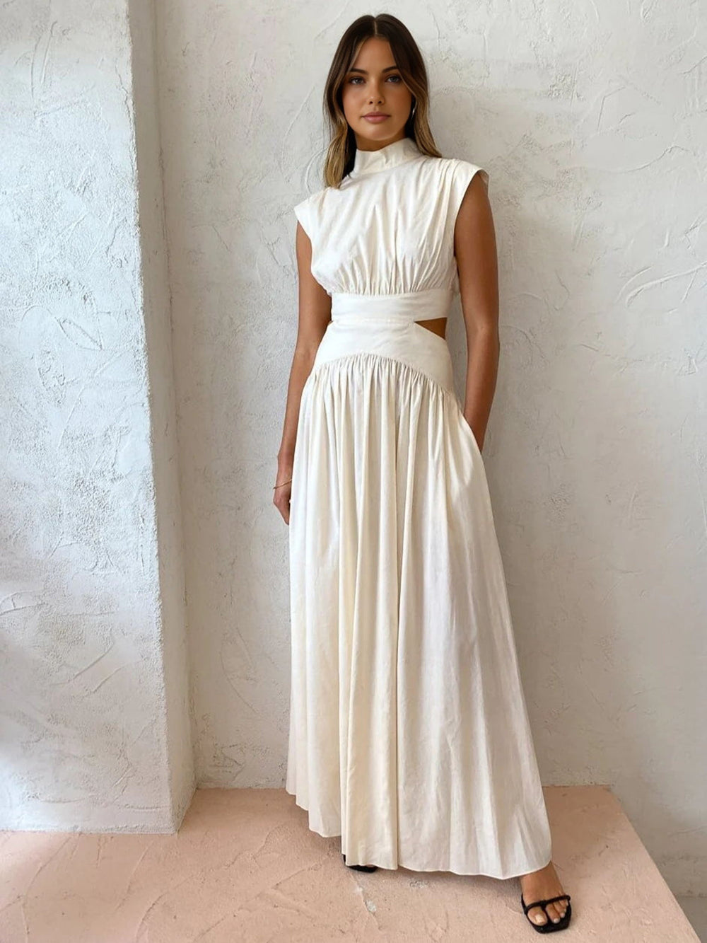 Women's Mock Neck Cutout Maxi Dress – Sleeveless Fitted Evening Dress