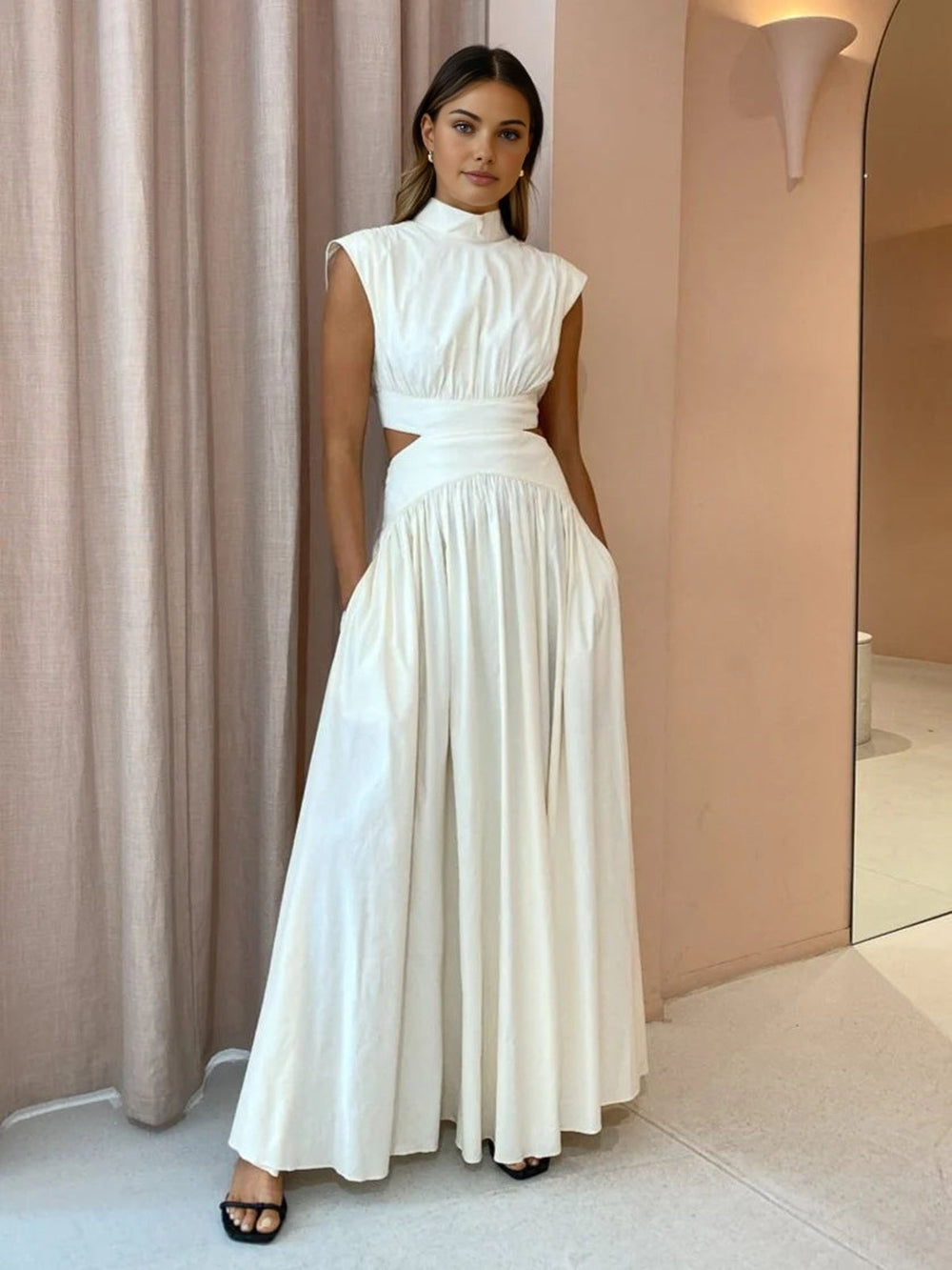 Women's Mock Neck Cutout Maxi Dress – Sleeveless Fitted Evening Dress