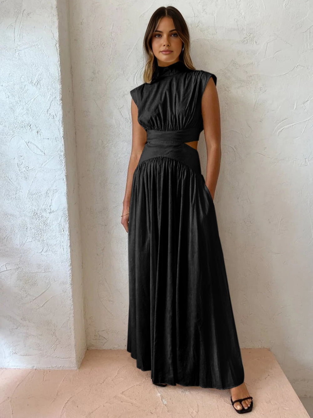 Women's Mock Neck Cutout Maxi Dress – Sleeveless Fitted Evening Dress