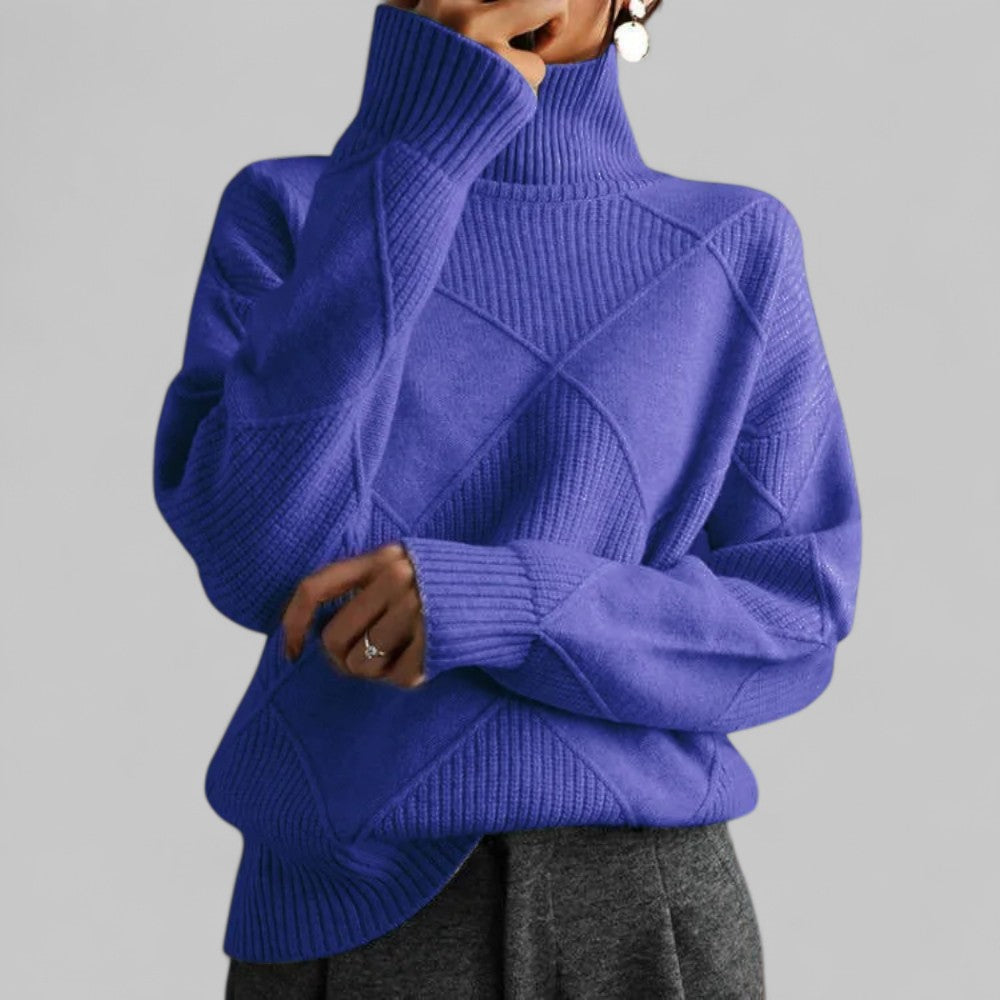 Women's Geometric Roll Neck Sweater – Relaxed Winter Knit Sweater