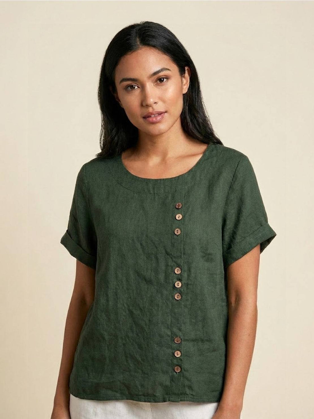 Women's Crew Neck Button Blouse – Relaxed Fit Long Sleeve Blouse