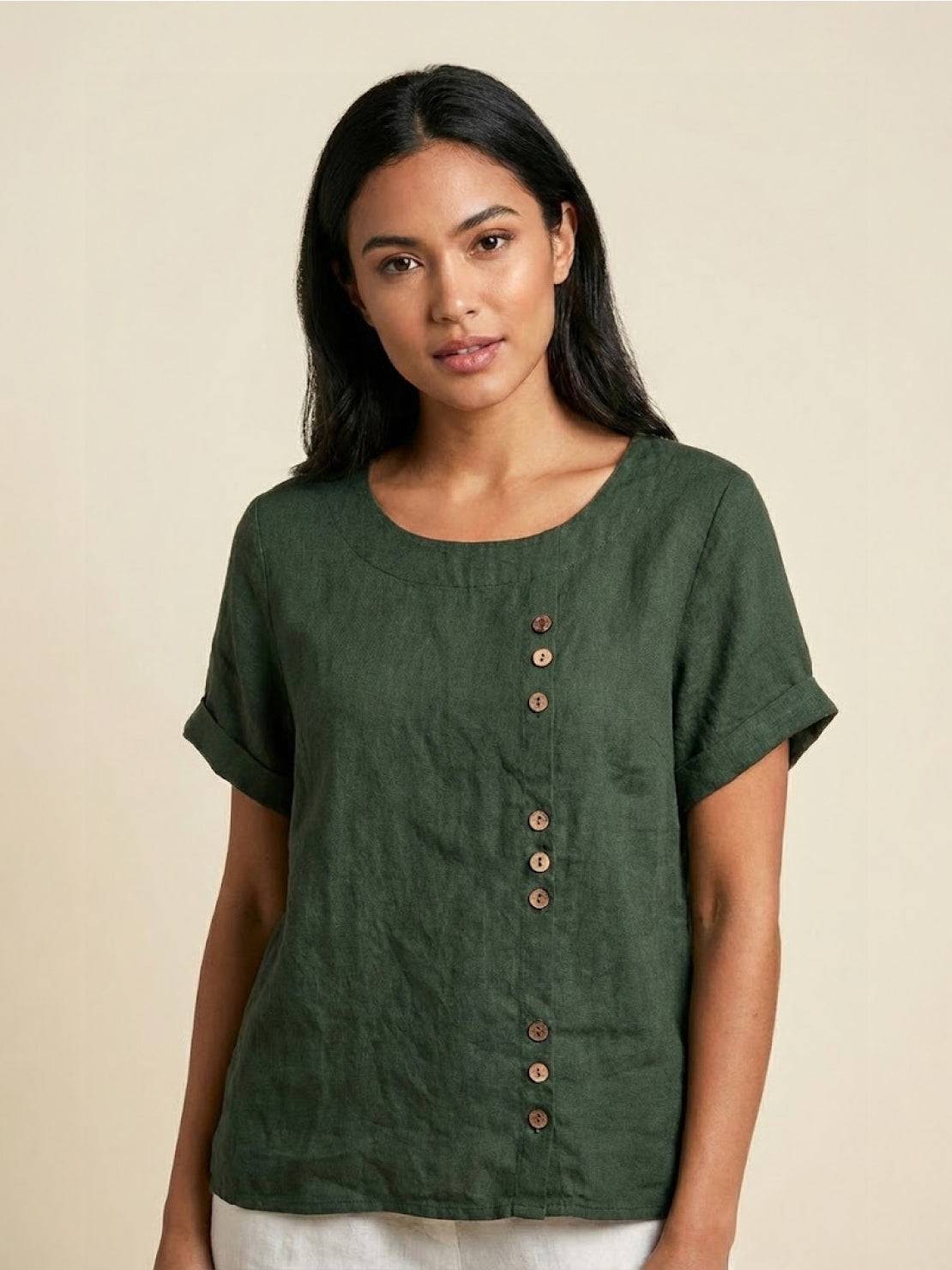 Women's Crew Neck Button Blouse – Relaxed Fit Long Sleeve Blouse