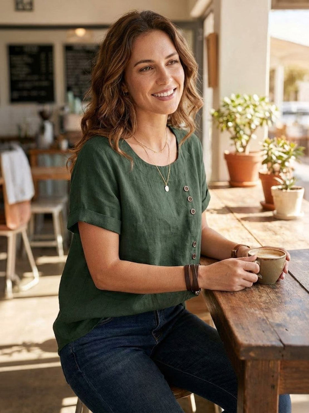 Women's Crew Neck Button Blouse – Relaxed Fit Long Sleeve Blouse