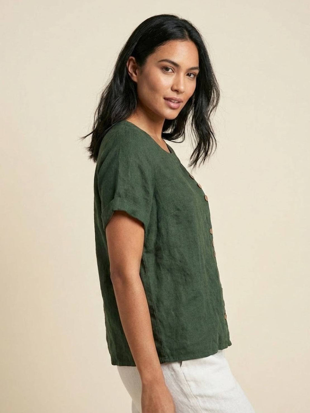 Women's Crew Neck Button Blouse – Relaxed Fit Long Sleeve Blouse