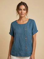 Women's Crew Neck Button Blouse – Relaxed Fit Long Sleeve Blouse