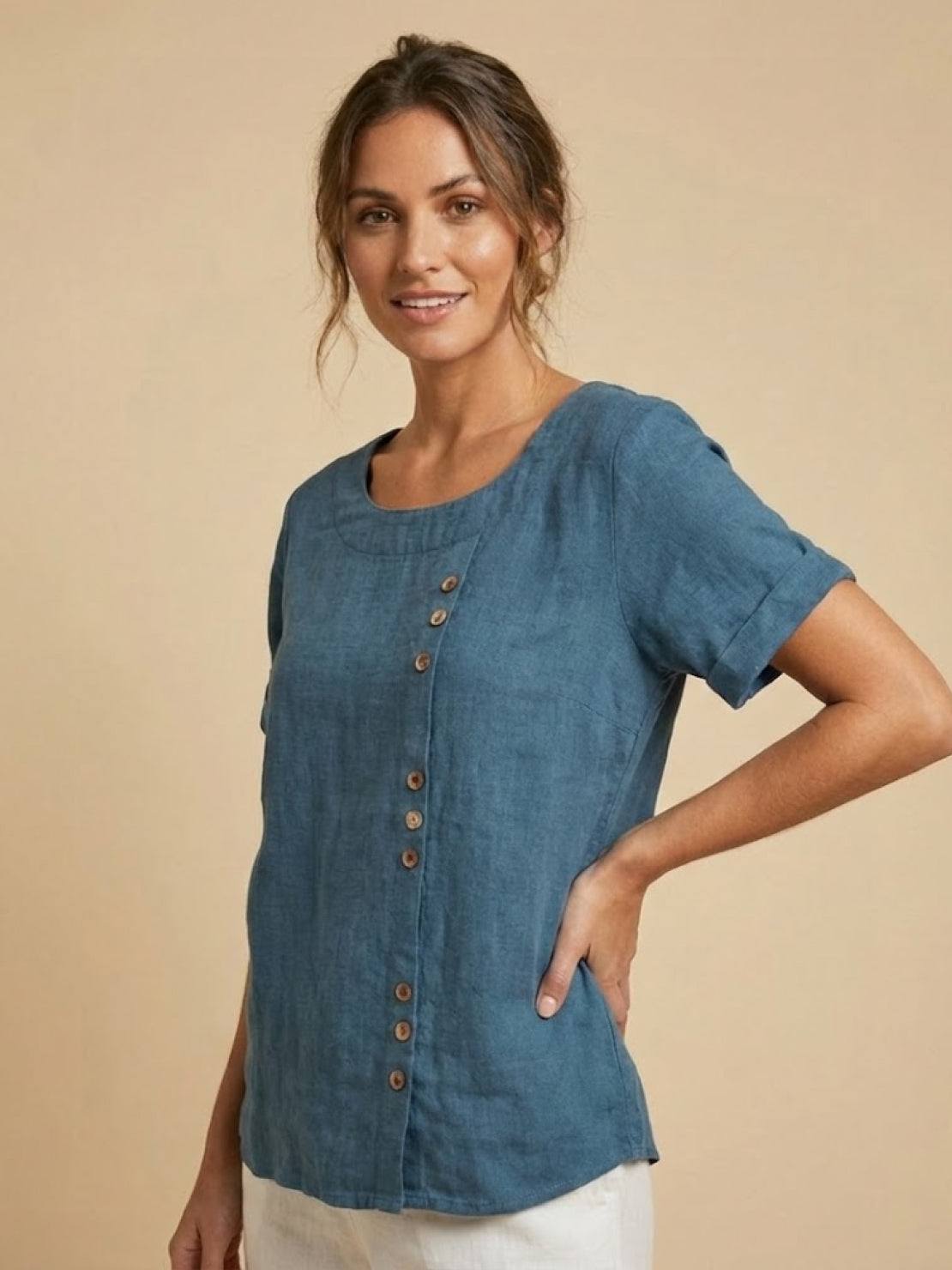 Women's Crew Neck Button Blouse – Relaxed Fit Long Sleeve Blouse