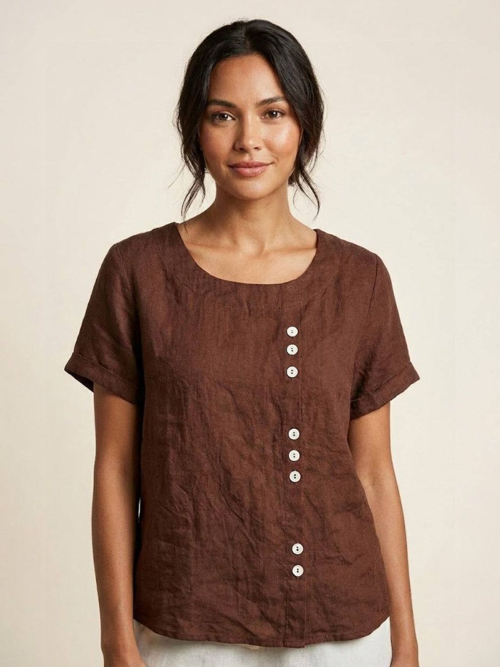Women's Crew Neck Button Blouse – Relaxed Fit Long Sleeve Blouse