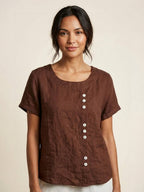 Women's Crew Neck Button Blouse – Relaxed Fit Long Sleeve Blouse