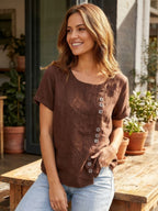 Women's Crew Neck Button Blouse – Relaxed Fit Long Sleeve Blouse