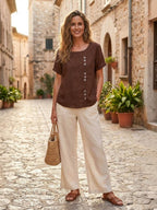 Women's Crew Neck Button Blouse – Relaxed Fit Long Sleeve Blouse
