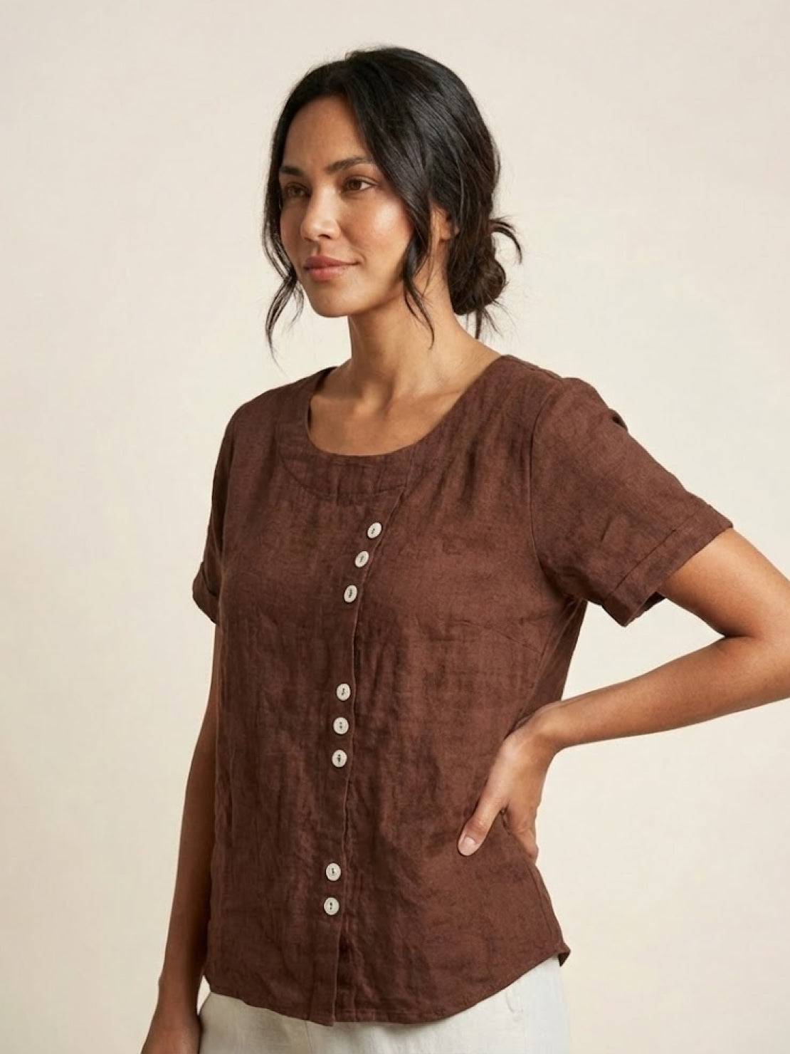 Women's Crew Neck Button Blouse – Relaxed Fit Long Sleeve Blouse