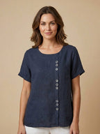 Women's Crew Neck Button Blouse – Relaxed Fit Long Sleeve Blouse