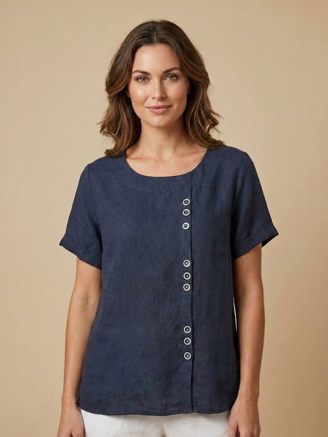 Women's Crew Neck Button Blouse – Relaxed Fit Long Sleeve Blouse