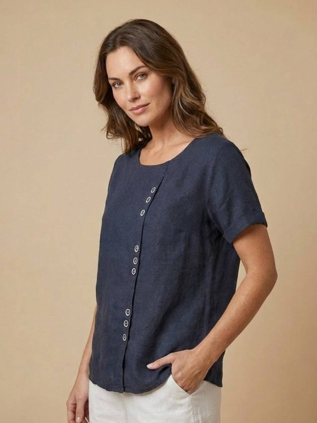 Women's Crew Neck Button Blouse – Relaxed Fit Long Sleeve Blouse