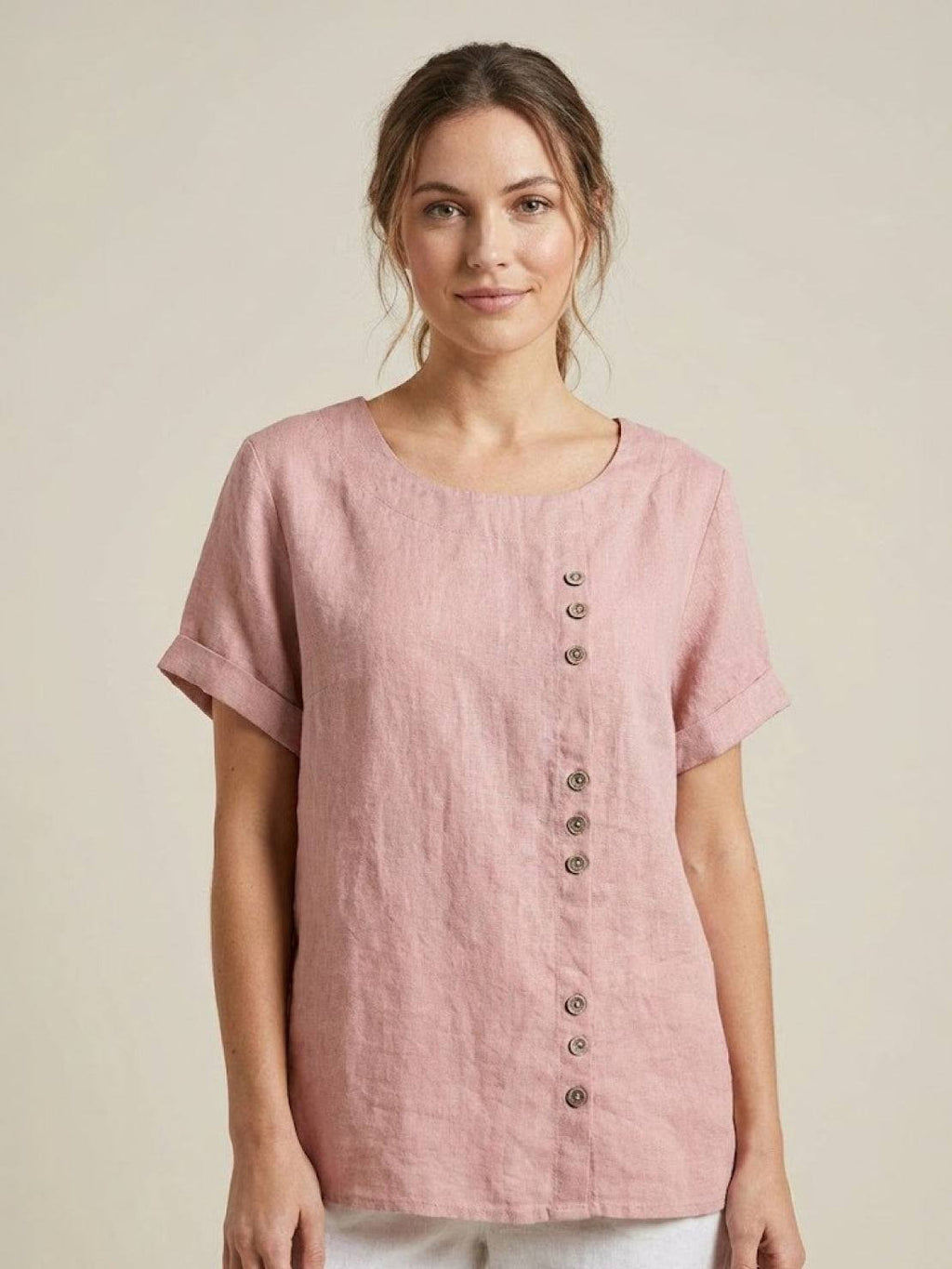 Women's Crew Neck Button Blouse – Relaxed Fit Long Sleeve Blouse