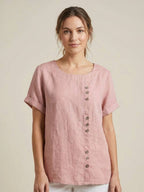 Women's Crew Neck Button Blouse – Relaxed Fit Long Sleeve Blouse