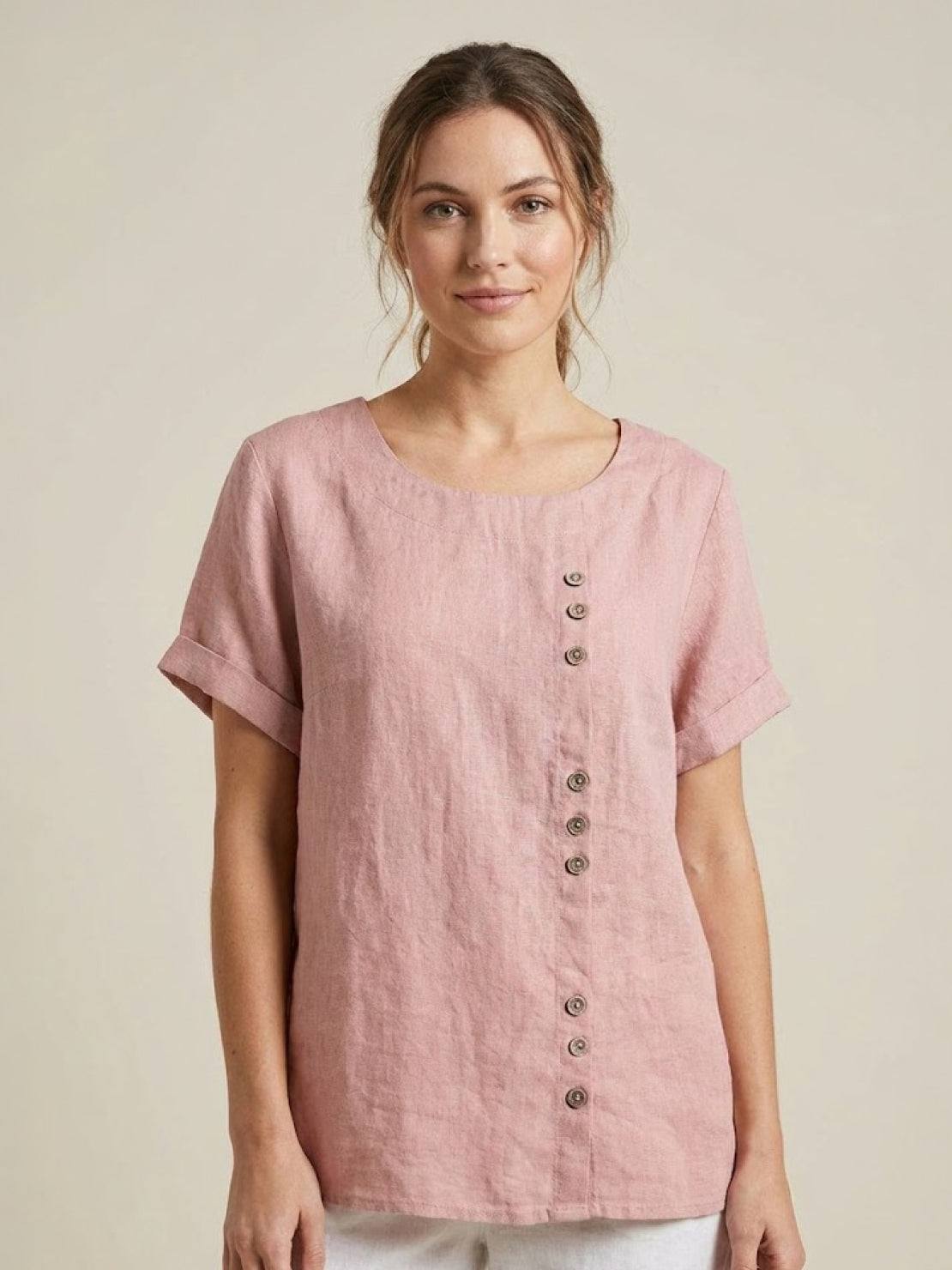 Women's Crew Neck Button Blouse – Relaxed Fit Long Sleeve Blouse