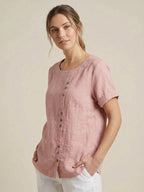 Women's Crew Neck Button Blouse – Relaxed Fit Long Sleeve Blouse